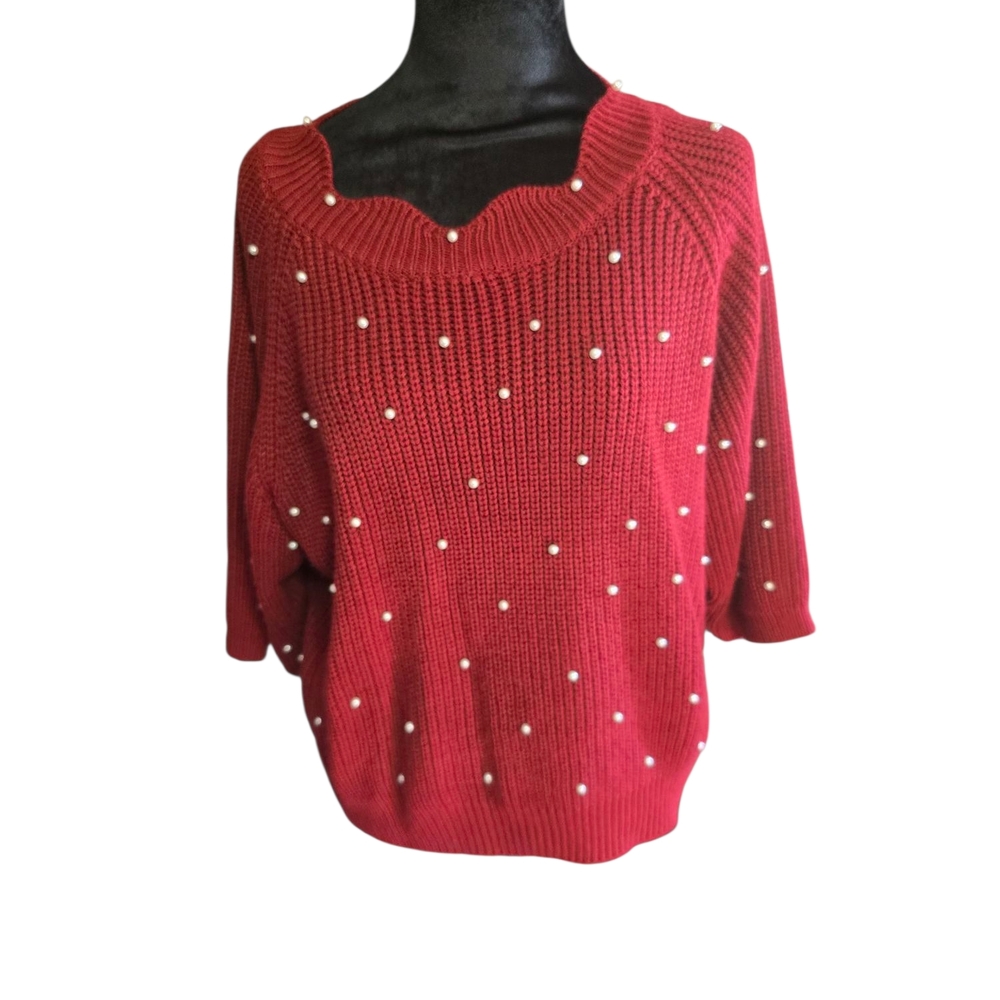 SHEIN Red Crew Neck Sweater with Pearls Size OXL Color Is Burgundy